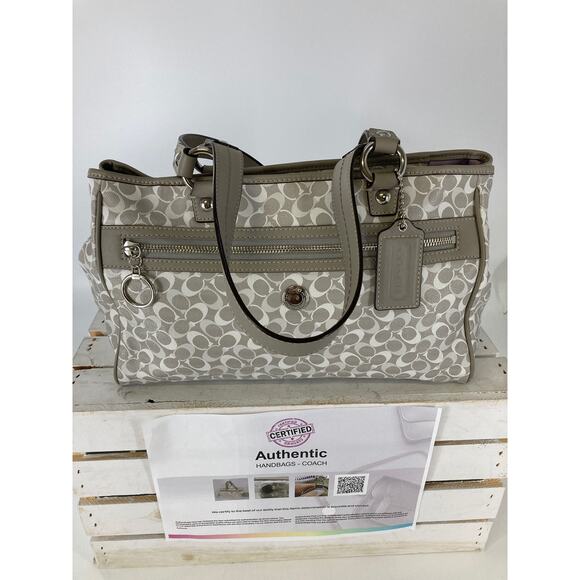 COACH F17179 GRAY WHITE COATED CANVAS SIGNATURE HANDBAG - Picture 1 of 14